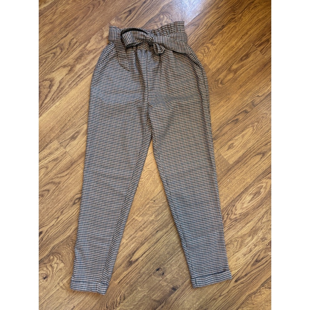 Houndstooth Paperbag Waist Tapered Pants Brown Twee Academia XS